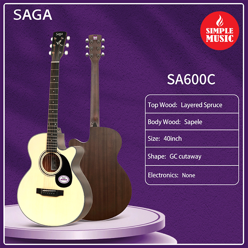 SAGA SA-600C 40 Cutaway Grand Auditorium Acoustic Guitar(Solid Top)-Natural